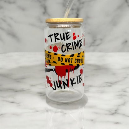 True Crime Glass Tumbler Cup Libbey Can with Straw