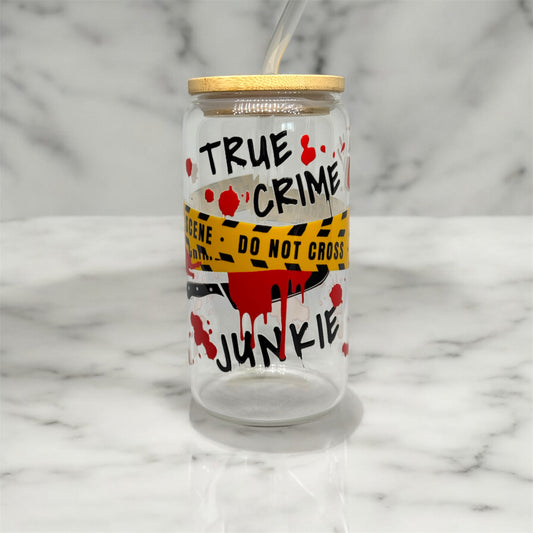 True Crime Glass Tumbler Cup Libbey Can with Straw